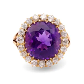 Antique 10 Carat Amethyst Diamond 14K Yellow Gold Cluster Ring