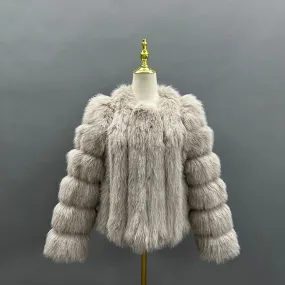 Beige Vertical Design Faux Fur Coat