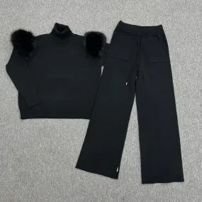 Black Faux Fur Shoulder Wide Leg Tracksuit