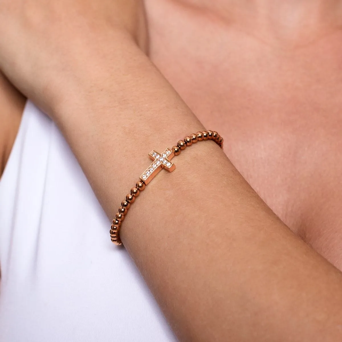 Blessed | 18k Rose Gold | Crystal Cross Charm Bracelet