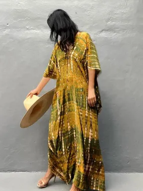 Bohemian Tie Dye Kaftan Dress, Boho Retro Striped Tie Dye Women Swimsuit Cover Up, Beach Dress Kaftan