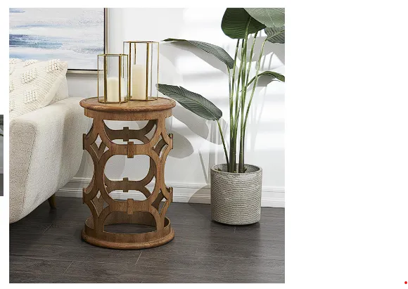 BROWN WOOD GEOMETRIC OPEN FRAME ACCENT TABLE WITH CIRCULAR CUTOUTS, 17" X 17" X 24"