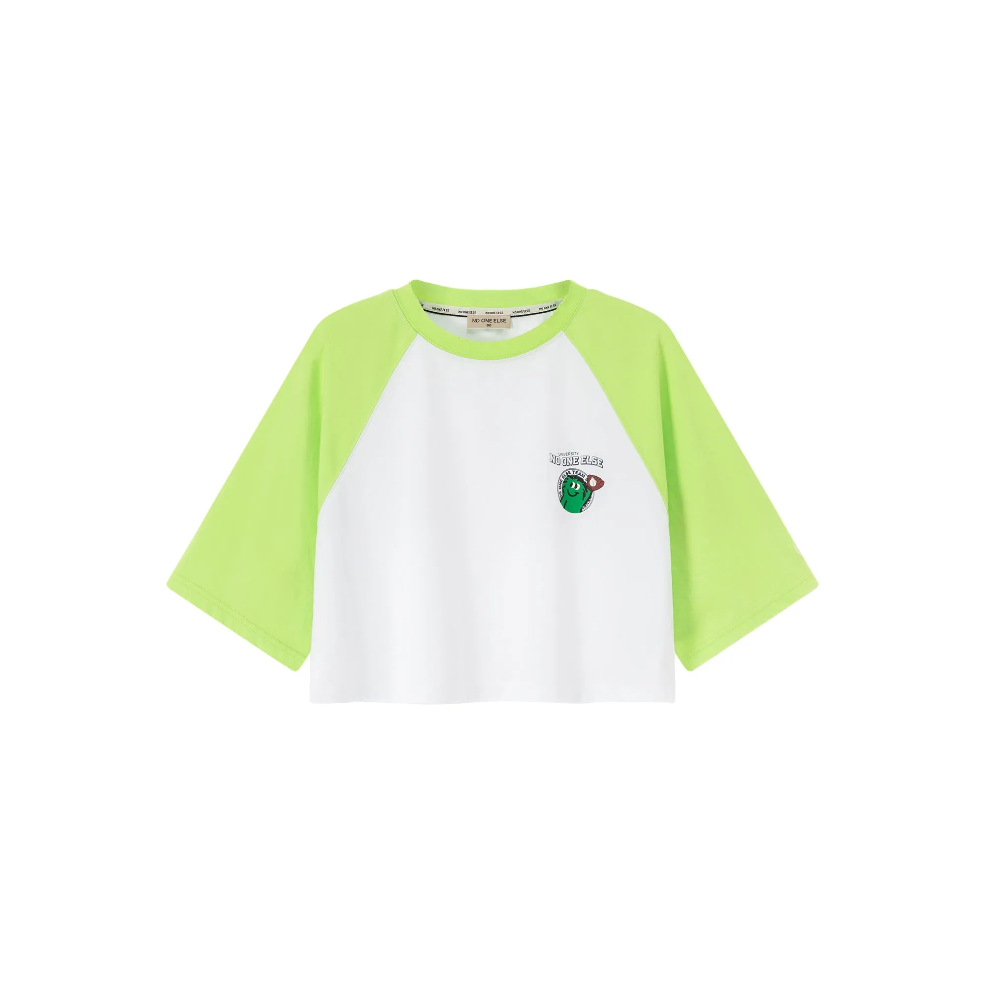 Cartoon Letter Print Colorblocked Raglan Cropped T-Shirt