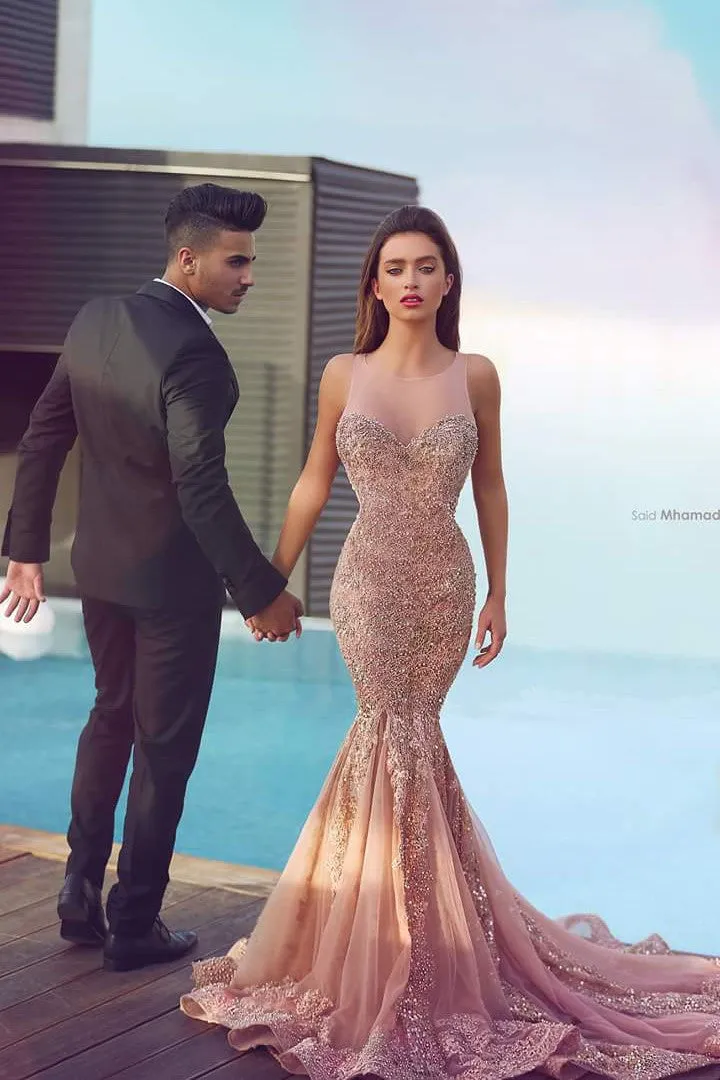 Charming Blush Pink Mermaid Prom Dress,Prom Dress with Appliques Beading,SVD423