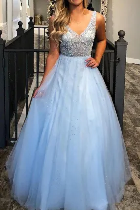 Charming Sky Blue Ball Gown A-line V-neck Beaded Prom Dresses Evening Dress, SP463