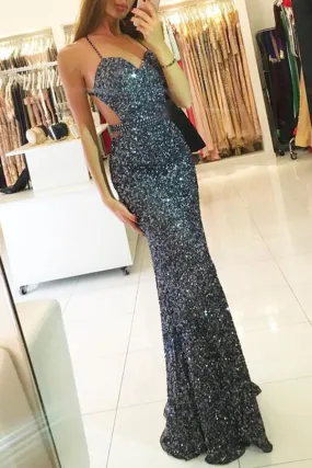 Dark Grey Sequins Open Back Mermaid Spaghetti Strap Evening Long Prom Dresses M222