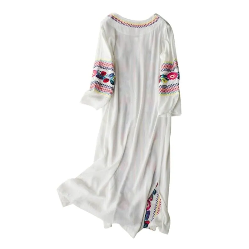 Elegant Cotton Embroidery White Maxi Dress with Intricate Floral Design