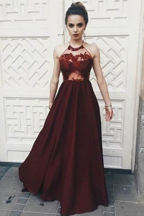 Fantastic Red Halter Burgundy Top Spaghetti Neck Tie V Back Prom Dress, M188