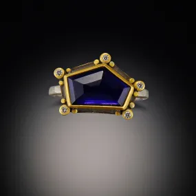 Geometric Iolite Ring with Diamonds