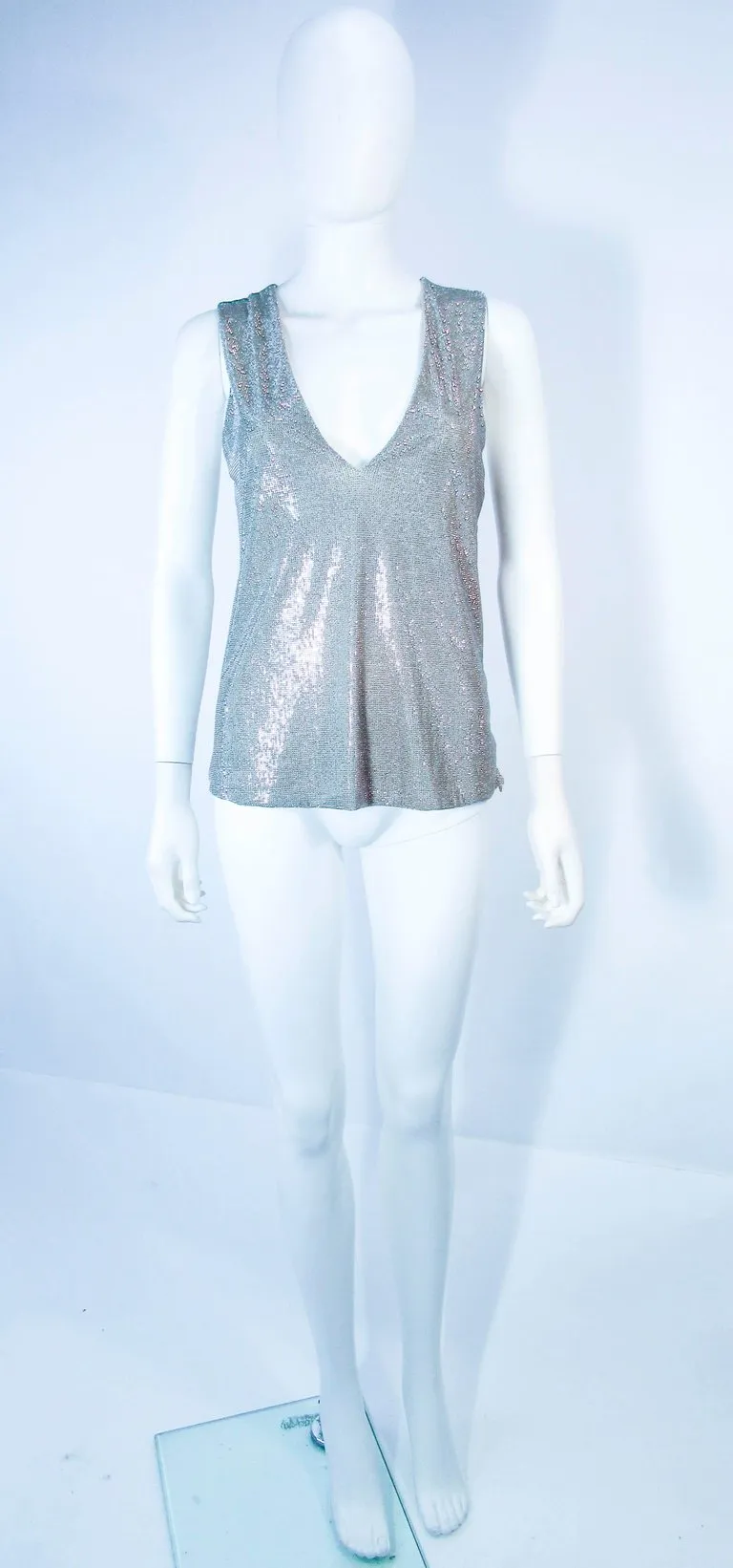 GIORGIO ARMANI Silvertone Rhinestone V-Neck Blouse Size 38