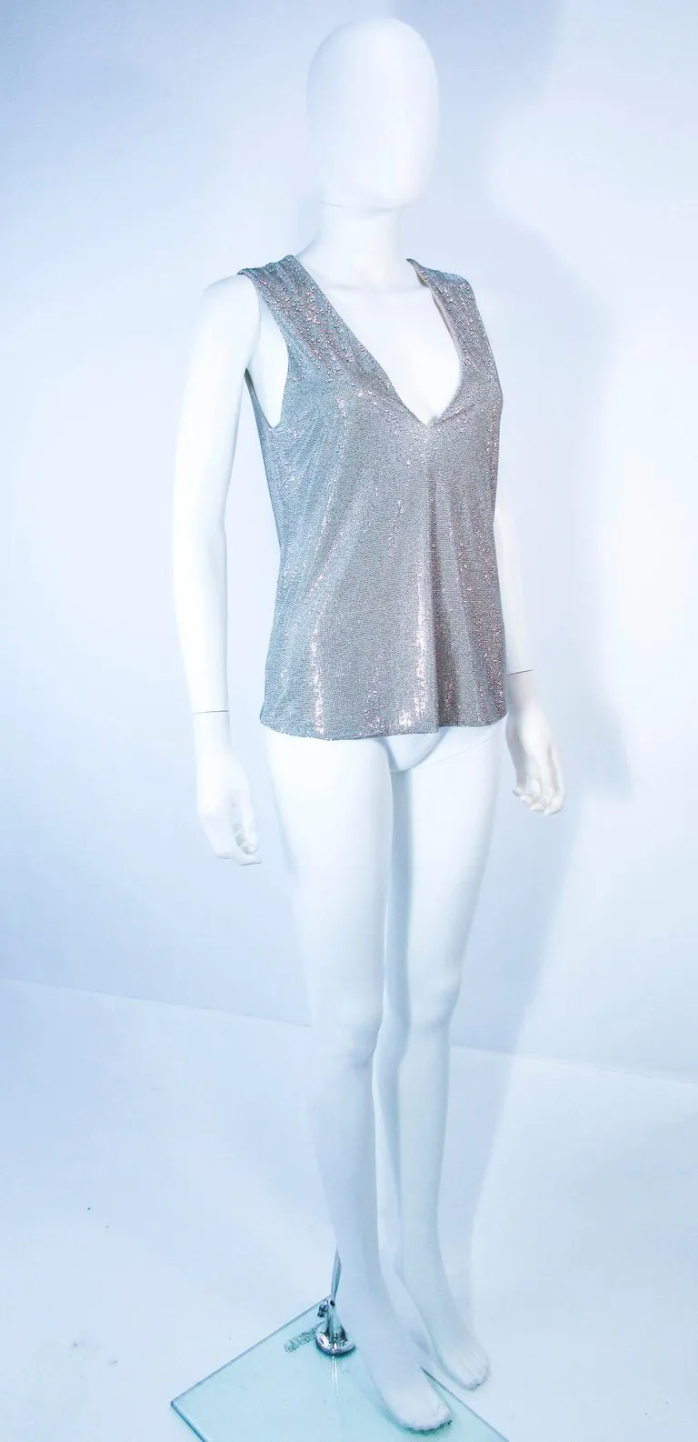 GIORGIO ARMANI Silvertone Rhinestone V-Neck Blouse Size 38