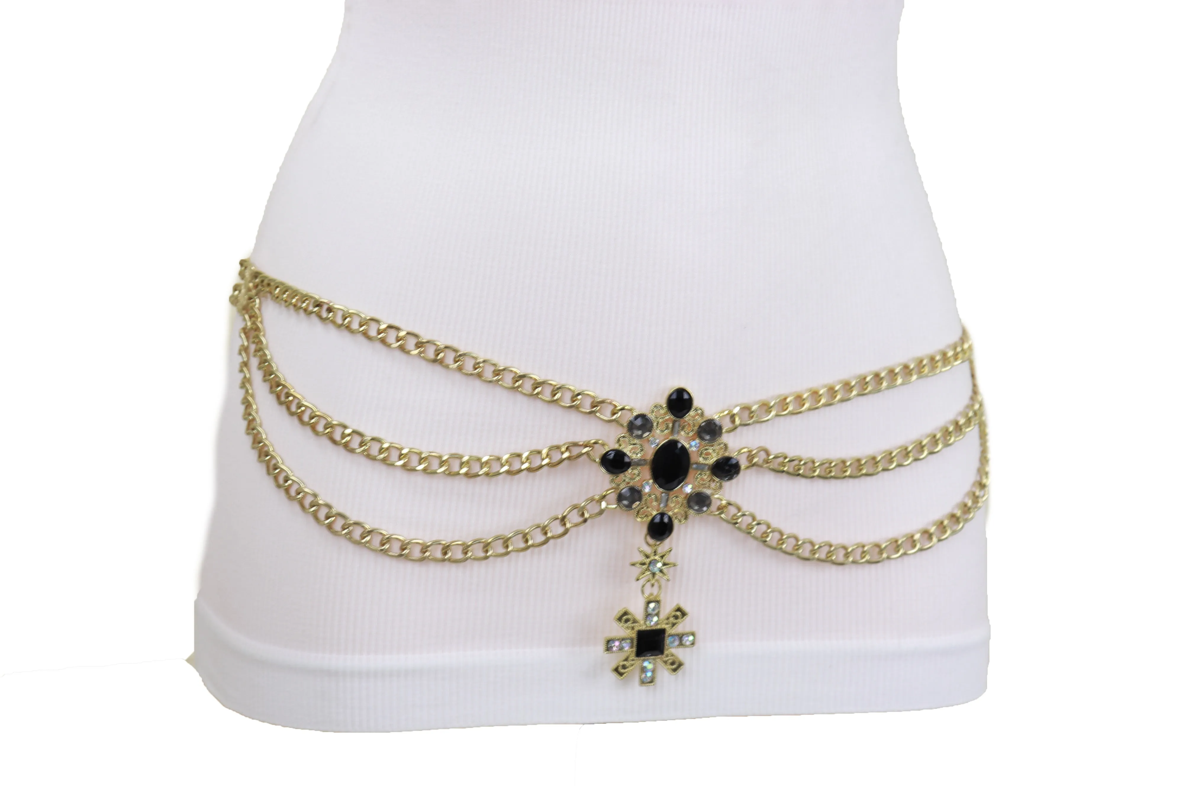 Gold Metal Chain Belt British Black Cross Star Charm S M