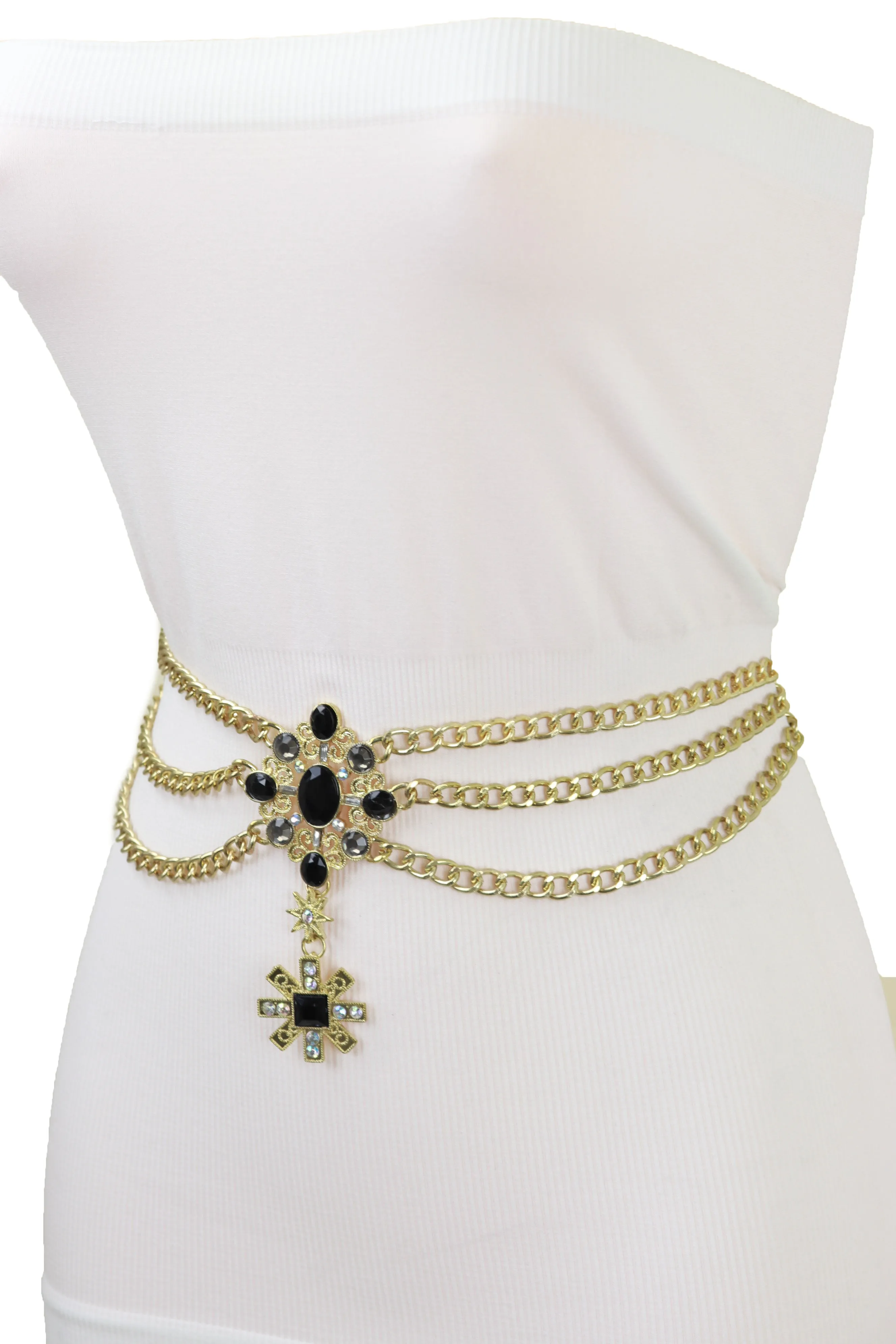 Gold Metal Chain Belt British Black Cross Star Charm S M