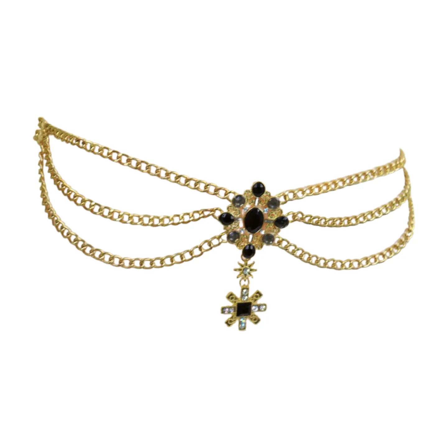 Gold Metal Chain Belt British Black Cross Star Charm S M