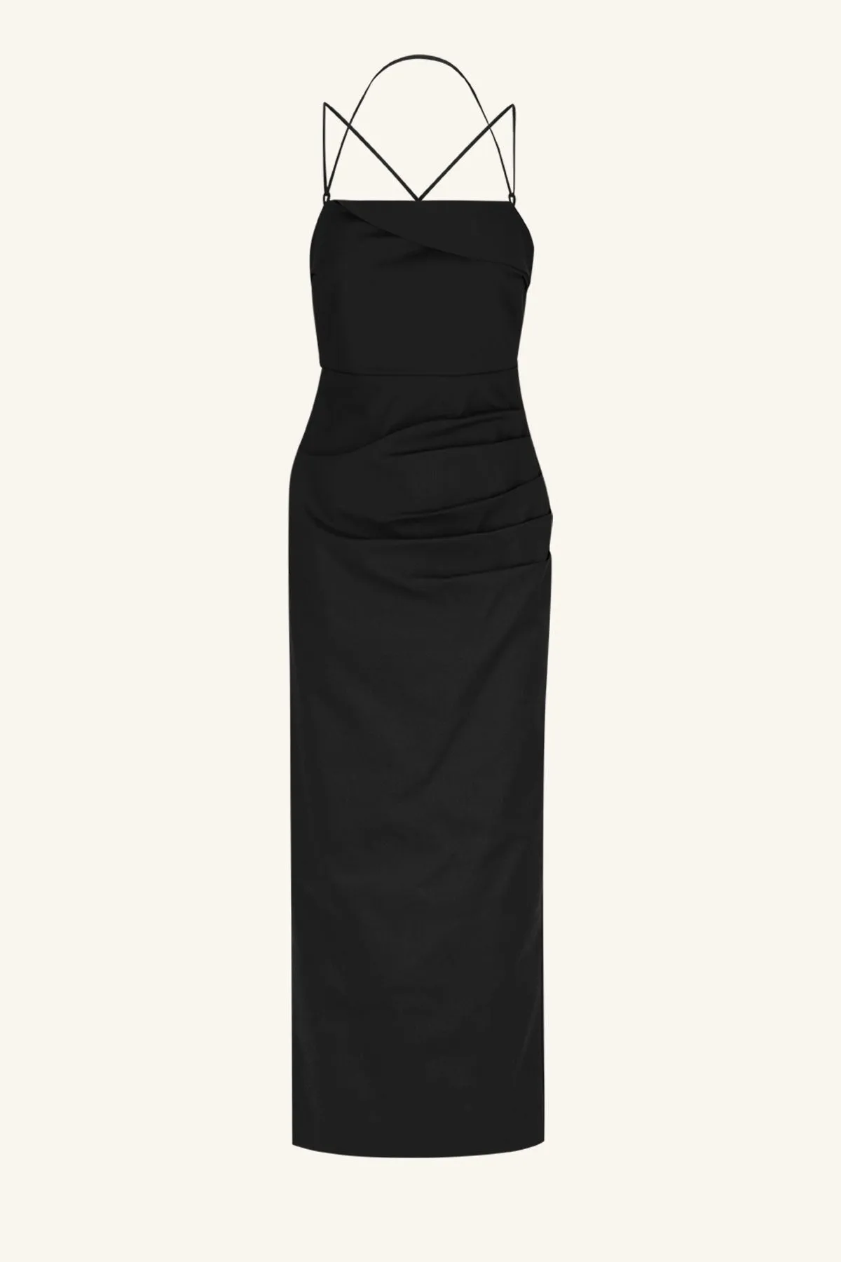 LANI DRAPED CROSS BACK MIDI DRESS - BLACK