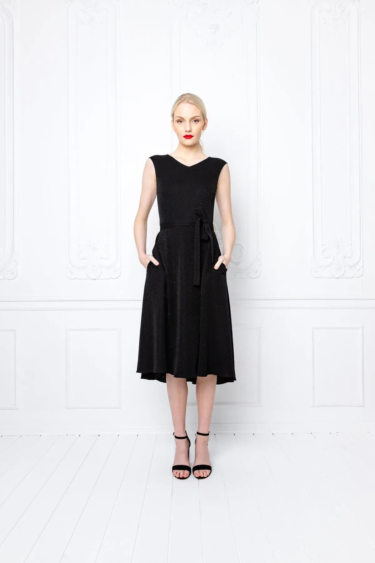 LIMNOPHILA BLACK SLIGHTLY GLITTERING STRETCHY VISCOSE-BLEND COCKTAIL DRESS