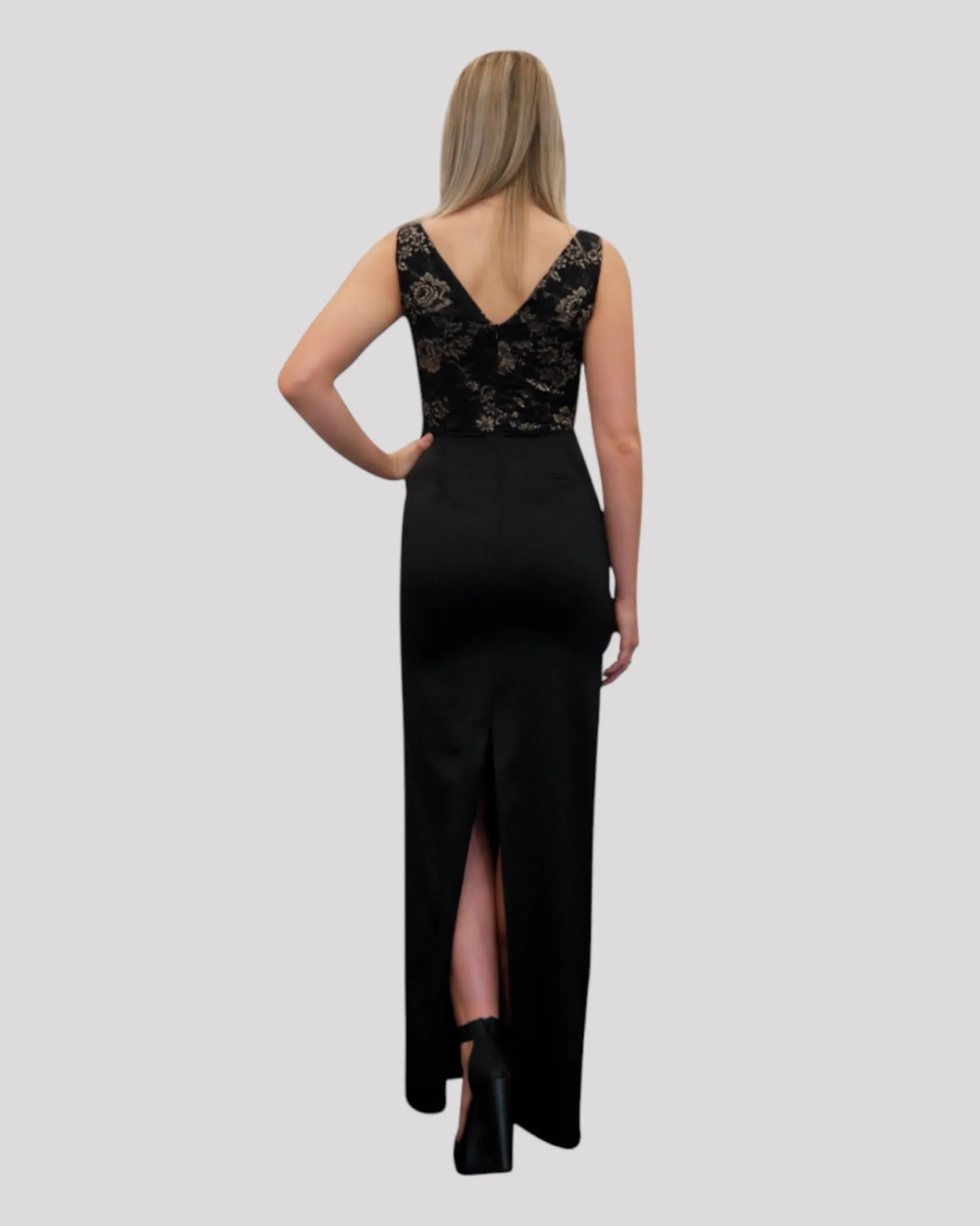 Megan Black and Gold Lace Evening Dress