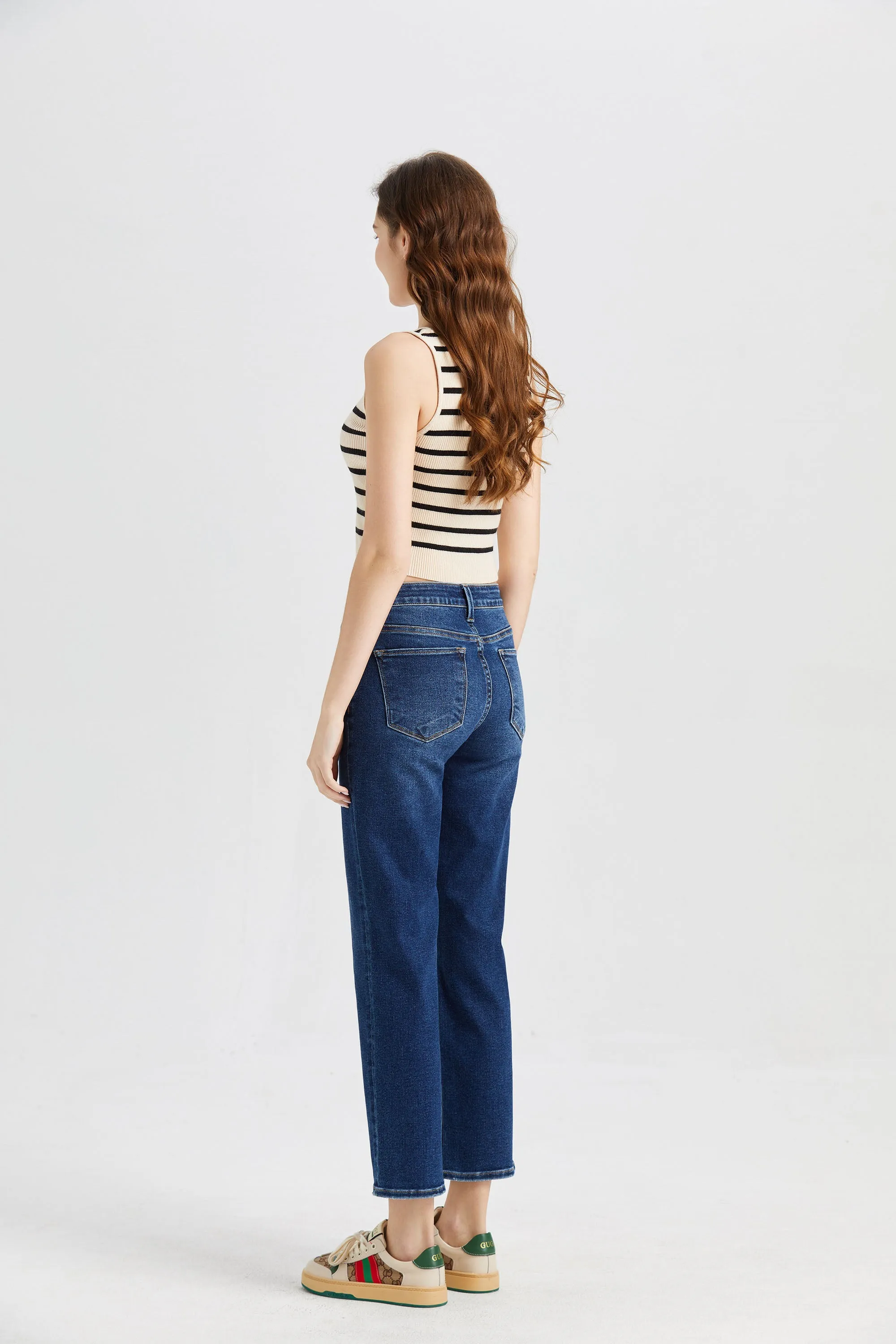 MID RISE CROSS OVER STRAIGHT LEG JEANS BYT5015 DARK BLUE