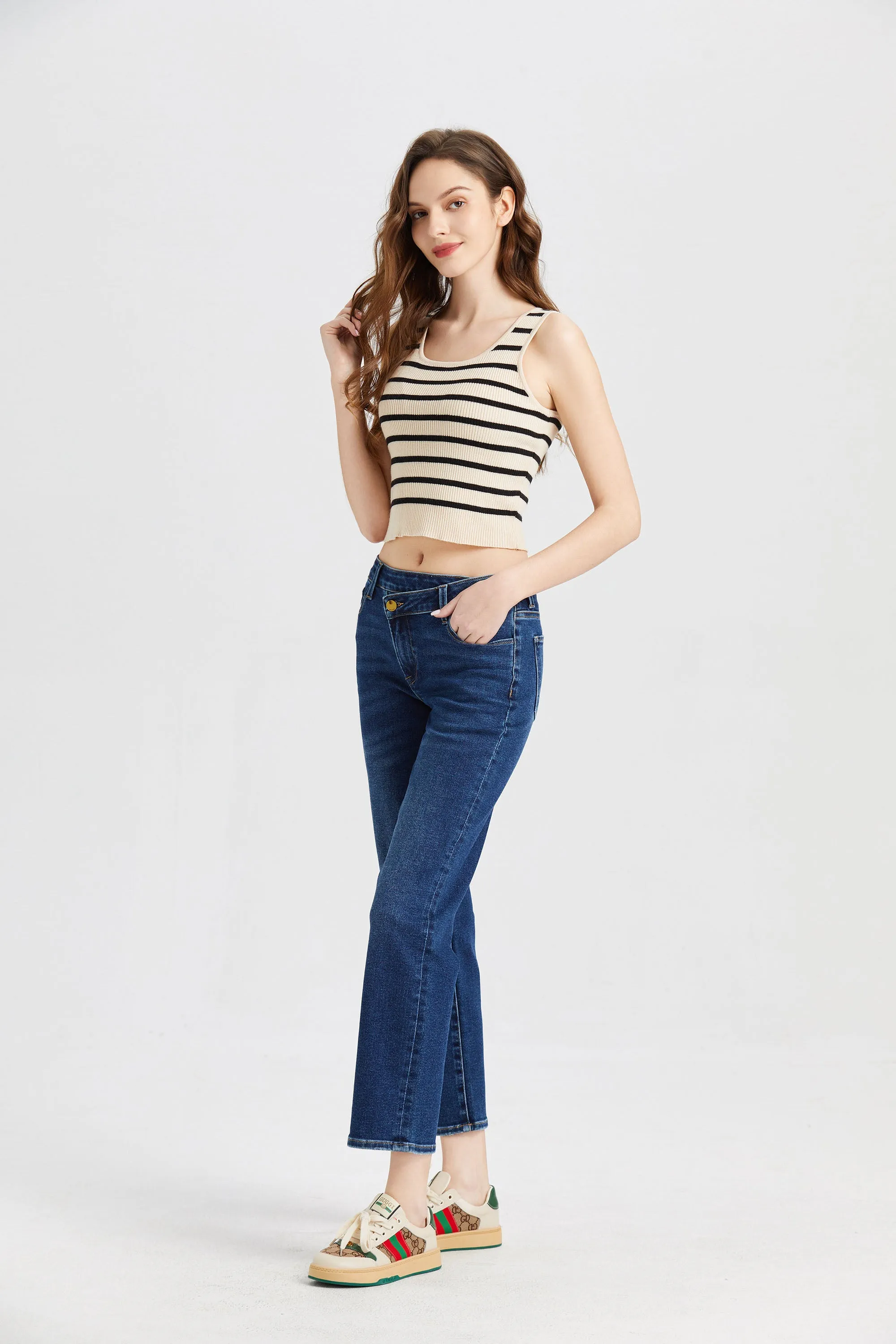 MID RISE CROSS OVER STRAIGHT LEG JEANS BYT5015 DARK BLUE