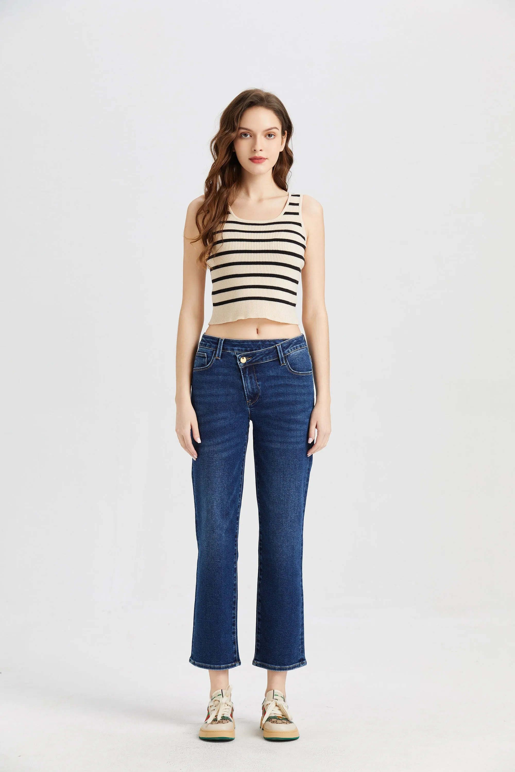 MID RISE CROSS OVER STRAIGHT LEG JEANS BYT5015 DARK BLUE