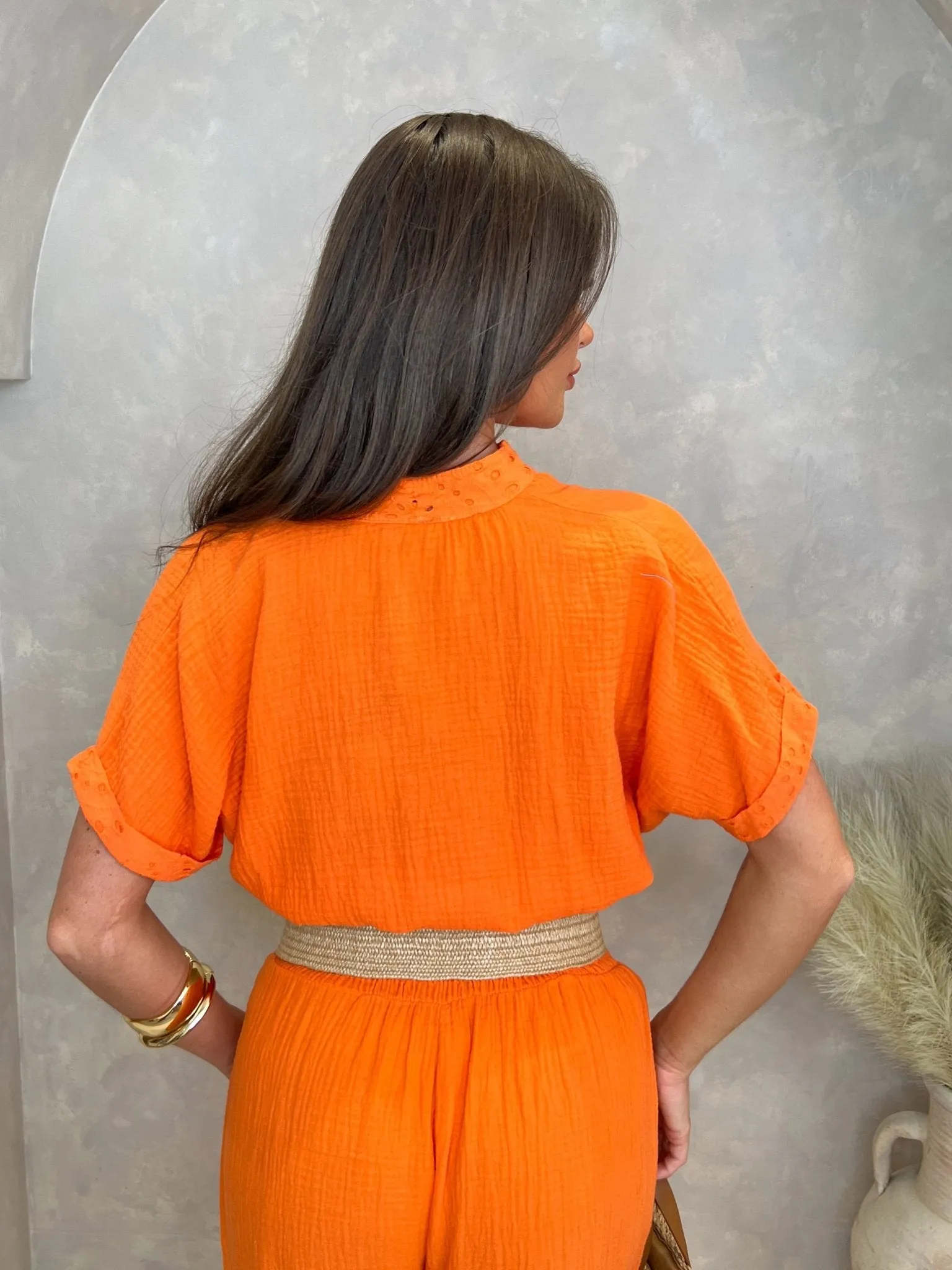 Orange Santorini Broderie Anglaise Trimmed Cropped Shirt