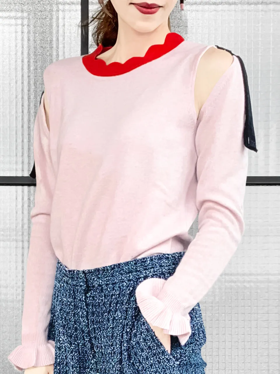 Surprise Sale! Pinky Colourblock Scallop Collar Cold-Shoulder Cashmere Blend Sweater