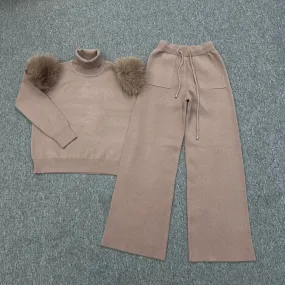 Taupe Faux Fur Shoulder Wide Leg Tracksuit