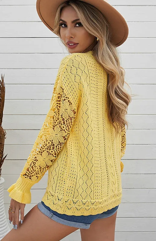 Women's Knitted Cutout Jumper With Petal Cuff Sleeves